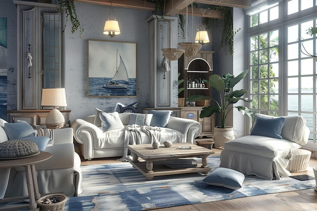 Premium Photo | Coastalinspired Living Room With Nautical Elements inside Integrating Vintage Maritime Elements Into Modern Living Spaces
