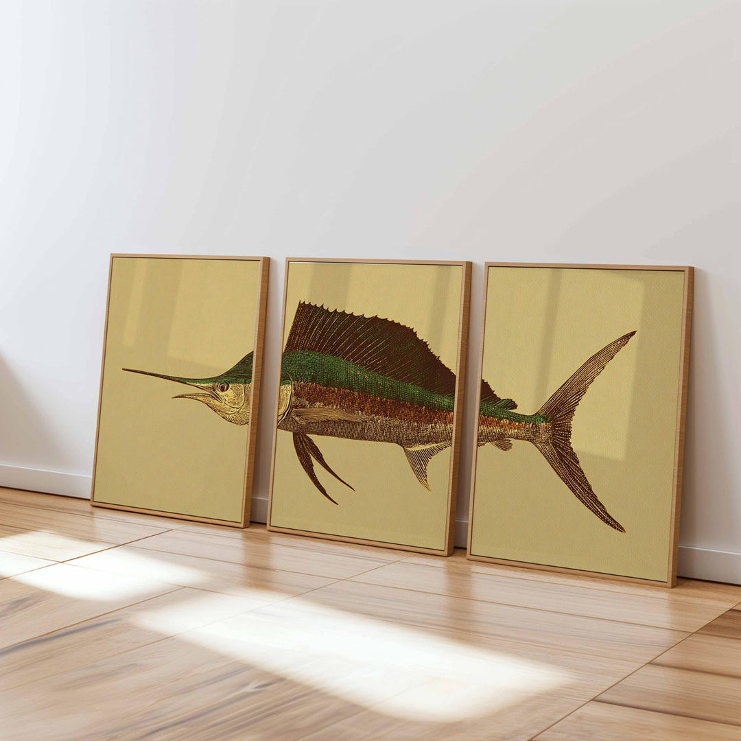 Sailfish Wall Art Set Of 3, Vintage Ocean Fish Prints In Green And ... intended for Sail Fish Wall Sculpture, Silver Leaf