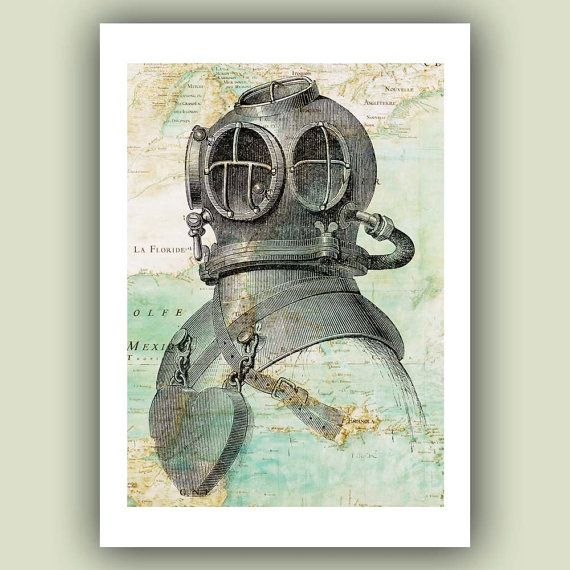 Scuba Diver Helmet Print 5X7 On Antique Map Of East By Printland, $9.50 ... intended for Why Vintage Diver Helmet Wall Art Is Making a Surprising Comeback in Modern Homes