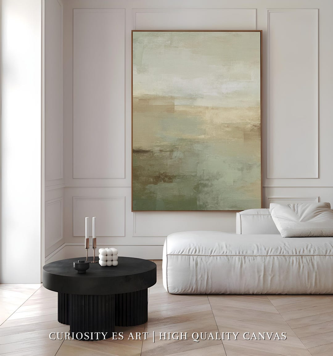 Soft Sage Green And Beige Abstract Landscape Canvas Art, Neutral Earth ... with regard to Large Abstract Painting, Minimal Contemporary Artwork, Statement Piece