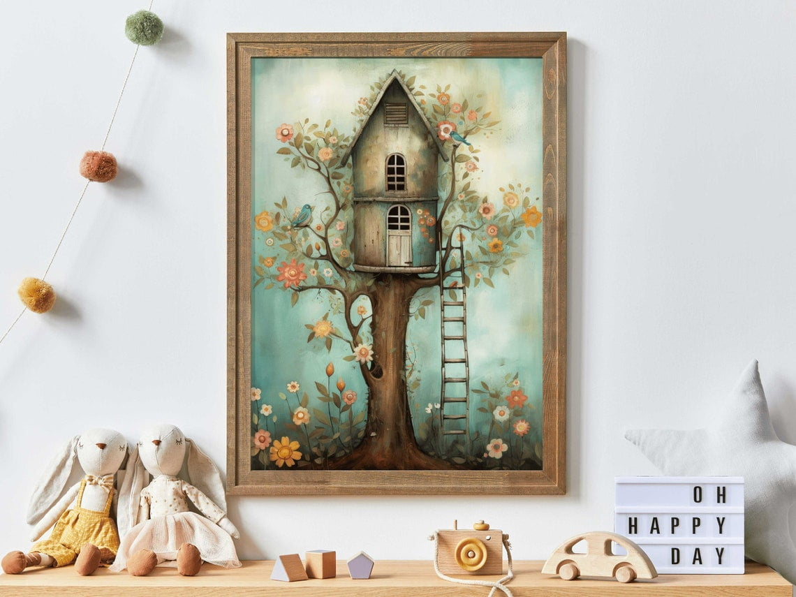 Treehouse Print, Whimsical Wall Art, Nursery Wall Decor, Tree House ... within Whimsical Tree Acrylic Hand Painted Canvas Wall Art Black Frame