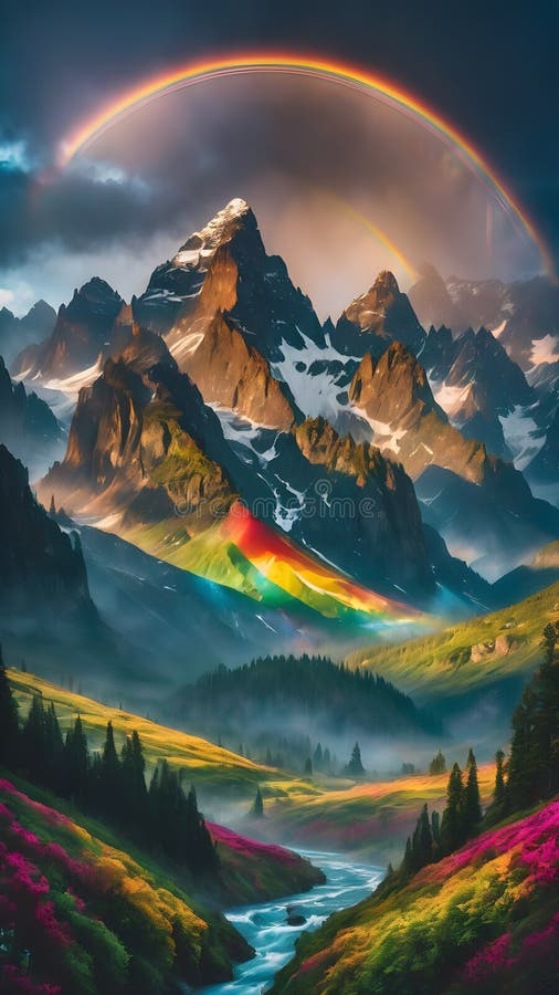 Vibrant Rainbow Arching Above Majestic Mountains Panoramic Sky Stock ... with regard to Colorful Sky And Dark Rocky Sydney Coast, Seashore Round Wall Art, 11"