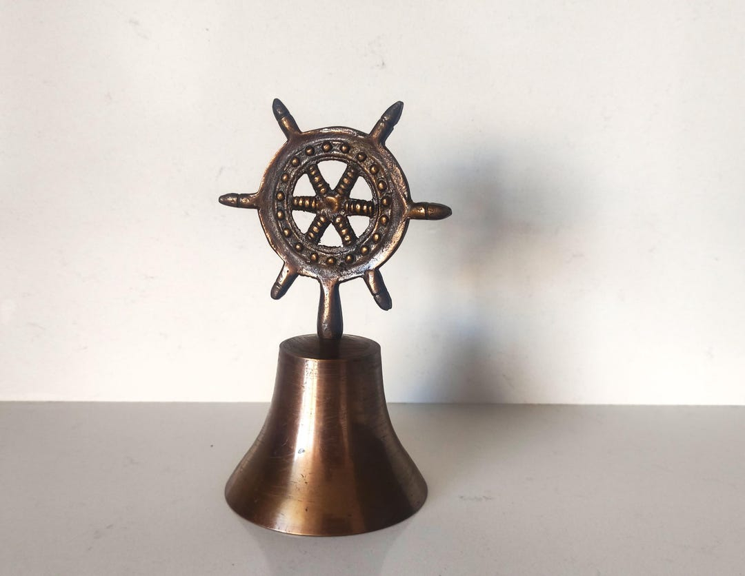 Vintage Brass Ship Wheel Bell: Nautical Decor, 1940S French Hand Bell ... with Ship Wheel Bell, Antique Copper, 6"