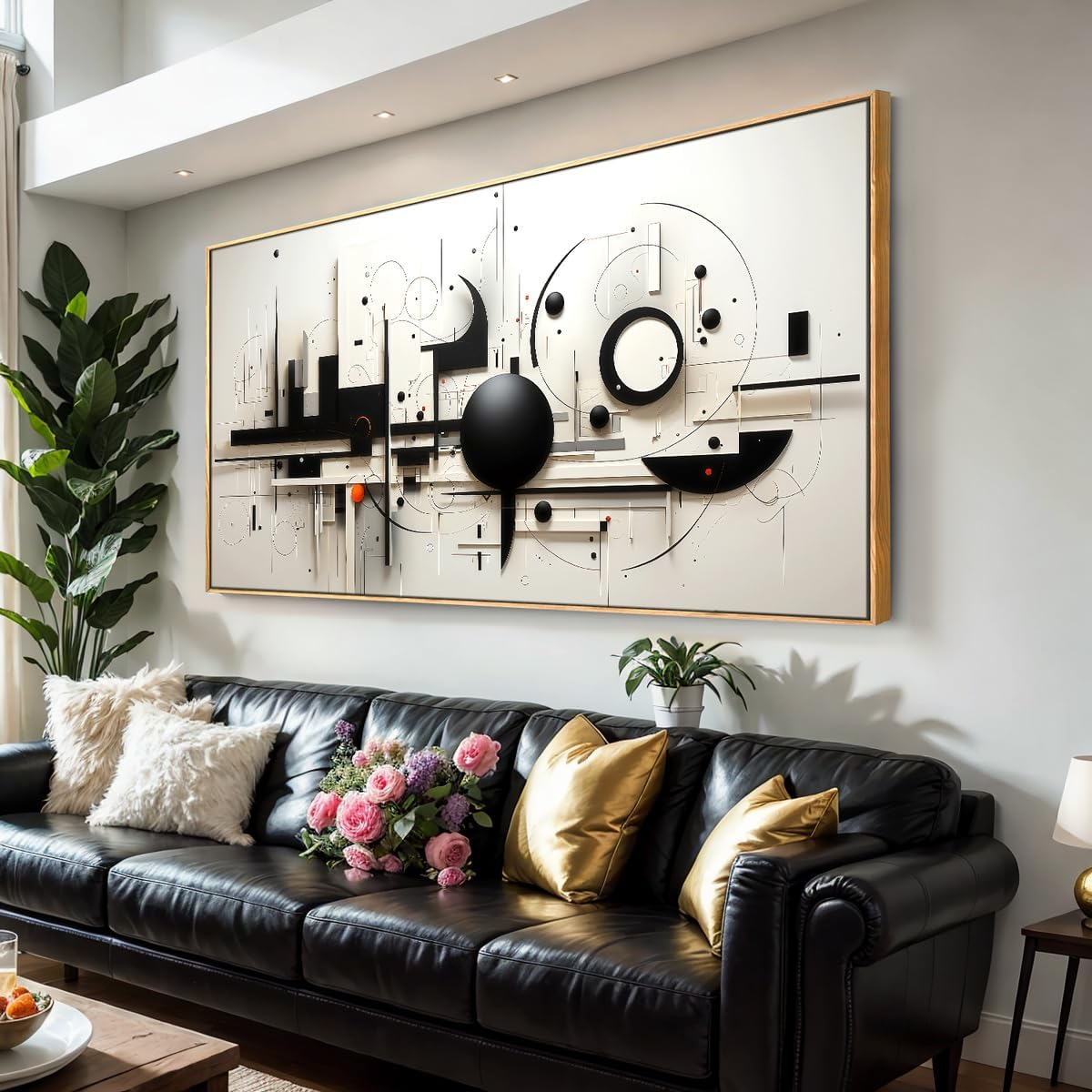 Wall Art Modern Artwork Canvas Painting Black And White Geometric Line ... within Cloud Chamber Ii', 12"X47" Mixed Media Shadowbox, Framed Under Glass