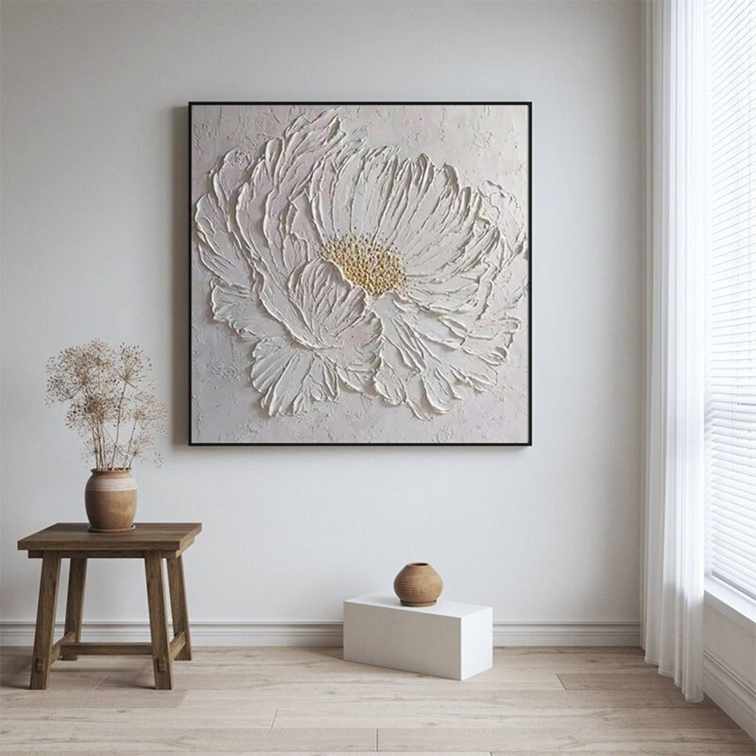 White Flower Acrylic Contemporary Painting Original Abstract Extra ... with regard to The Story Behind Hand Painted Textures in Contemporary Wall Decor