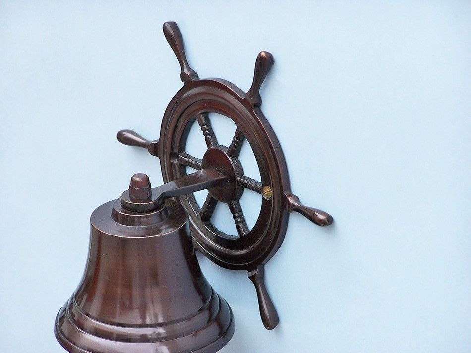 Wholesale Antique Copper Hanging Ship Wheel Bell 7In - Nautical Decor for Ship Wheel Bell, Antique Copper, 6"
