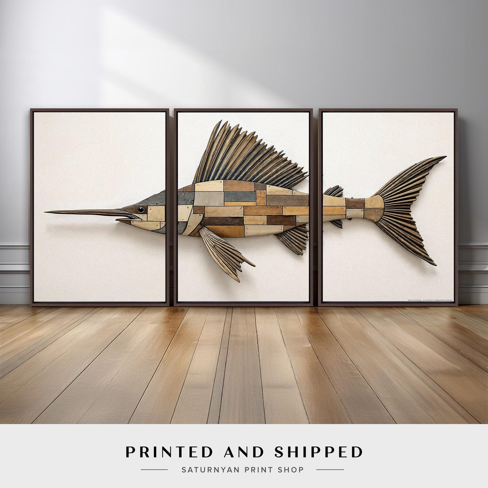 Wooden Sailfish Wall Art Triptych | Coastal Fish Decor For Beach House ... throughout Why Coastal Homeowners Are Turning to Silver Leaf Sailfish Art for Modern Living Rooms
