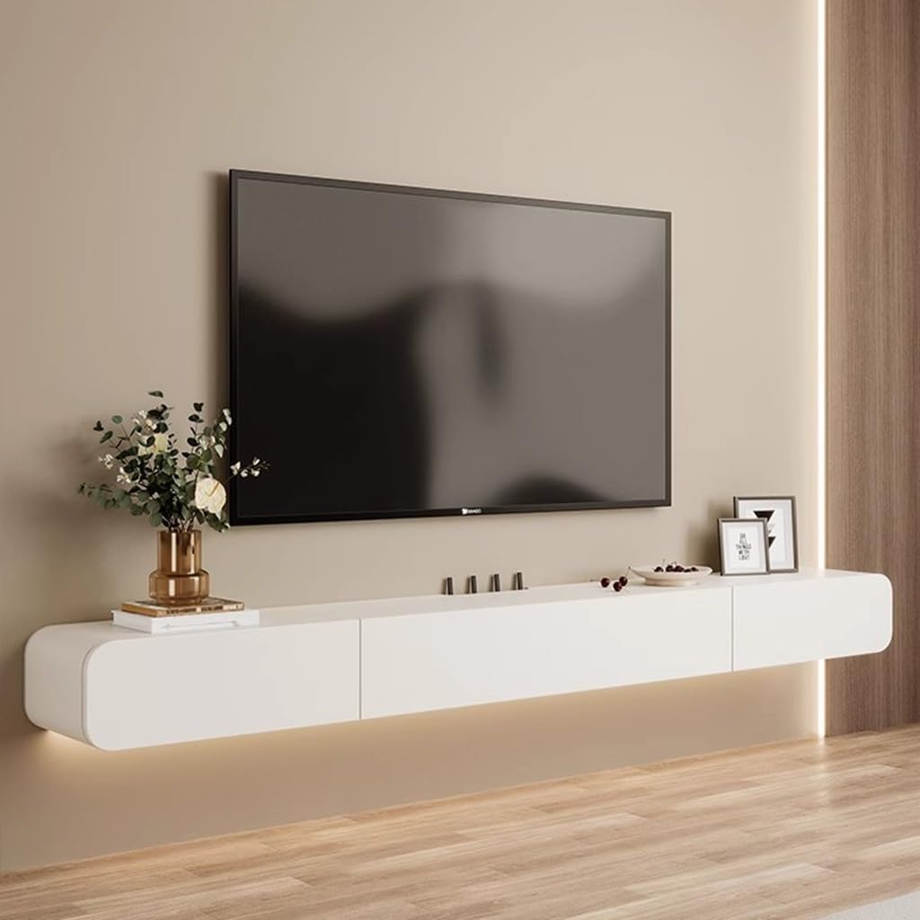 Zfgojnbh Modern White Floating Tv Stand With Power Feed Through Holes ... for Blue Seascape With Wooden Pier, Bridge Round Metal Wall Art, 11"