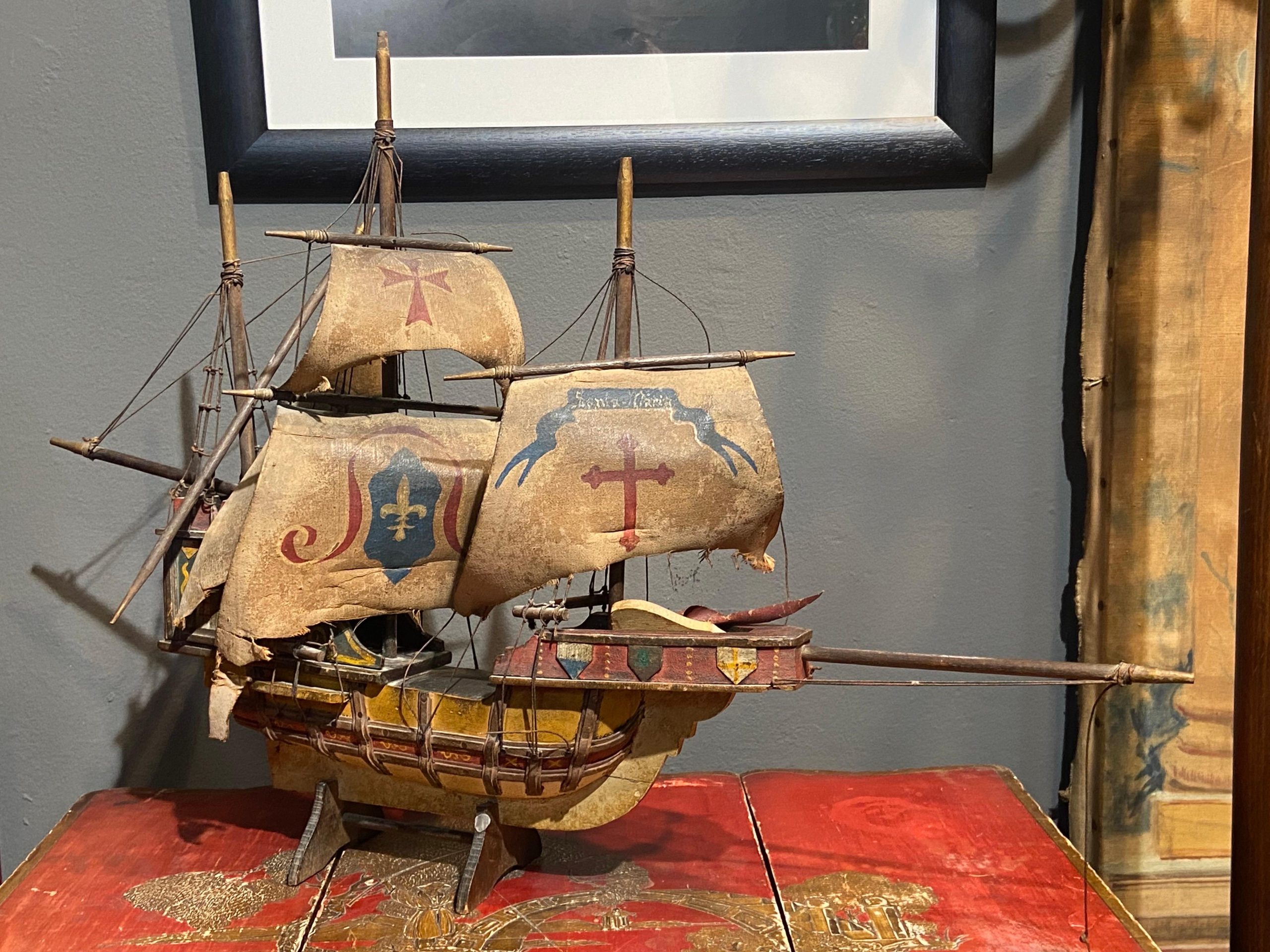 20Th Century Wooden Hand Painted Caravel Ship Model With Leather Sails ... in White Decorative Ship Wheel With Starfish 6'', Boat Steering Wheel Decoration