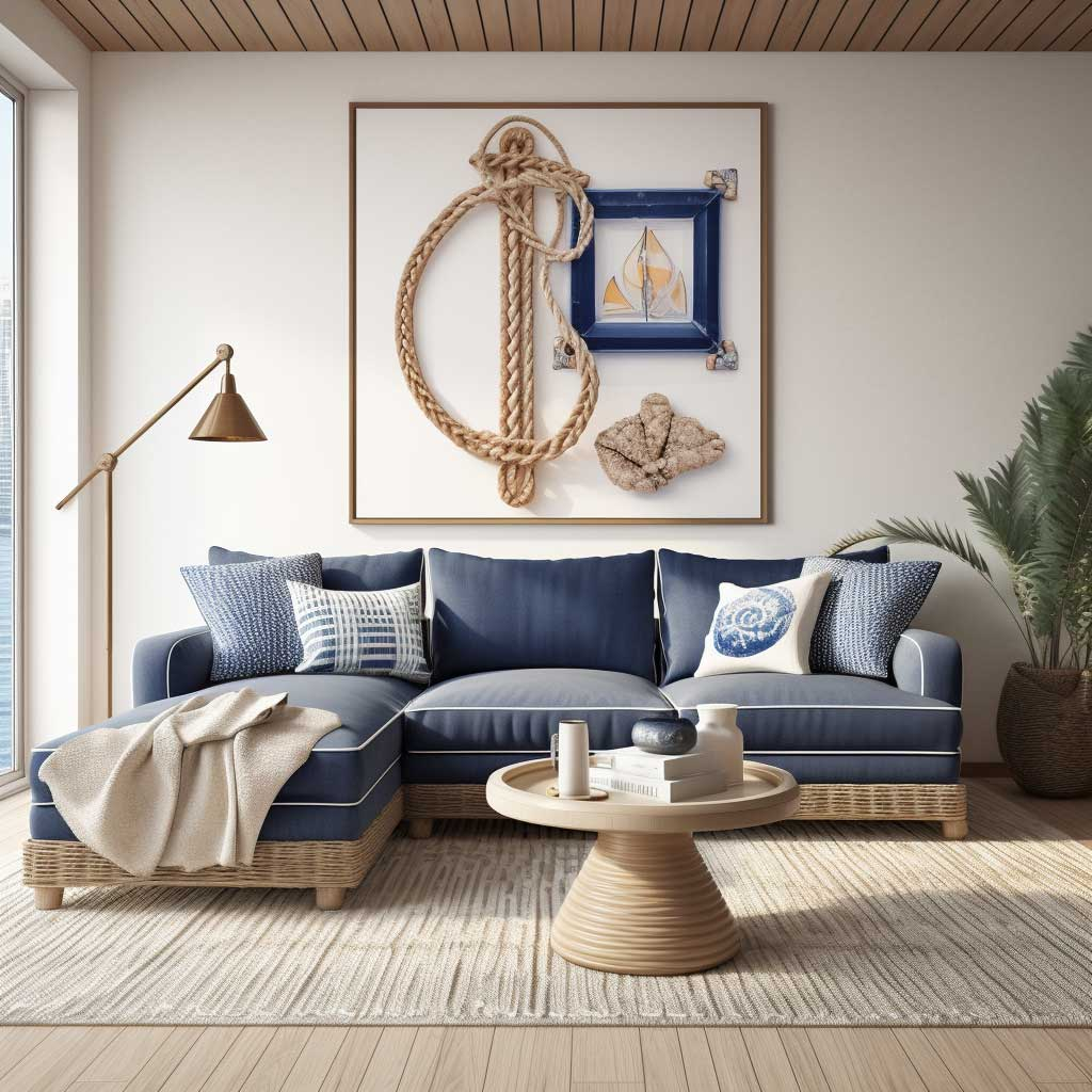 21+ Modern Coastal Living Room Ideas For A Serene Home Retreat within Rustic All Dark Blue Decorative Ship Wheel With Starfish 6'', Boat Wheel