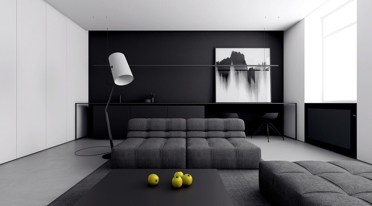 4 Monochrome, Minimalist Living Room Ideas | Contemporary Gray Sofa ... inside Life 60X40 In Black White Abstract Art Large Modern Painting Minimal Wall Decor