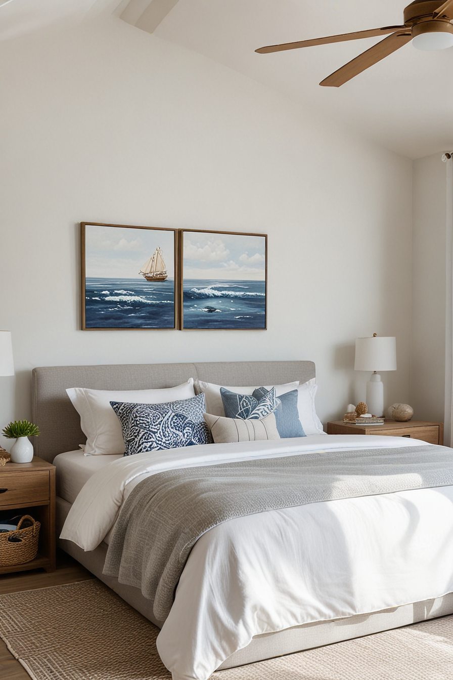 64 Coastal Bedrooms Of 2025: Modern Nautical Style And Innovative Design within Rustic All Dark Blue Decorative Ship Wheel With Starfish 6'', Boat Wheel
