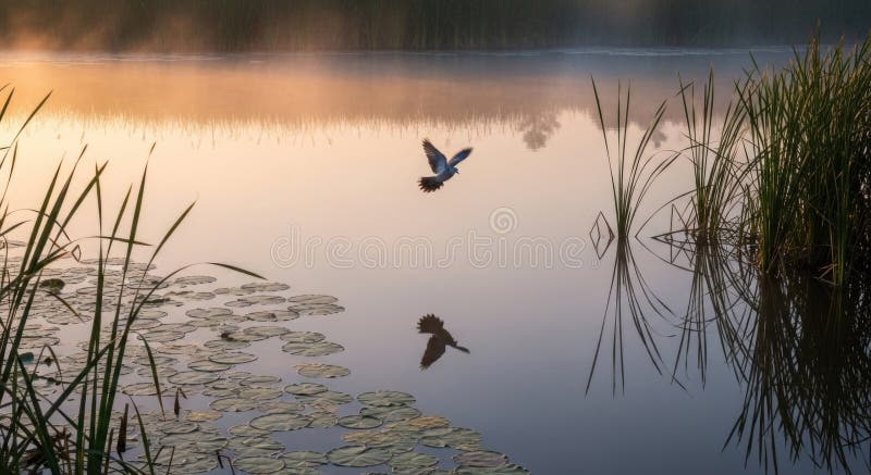 A Tranquil Morning Scene With A Bird In Flight Over The Misty Lake ... within Beautiful Tranquil Calming White Birds Nature Painting, 2Pc, Each 24 X 30