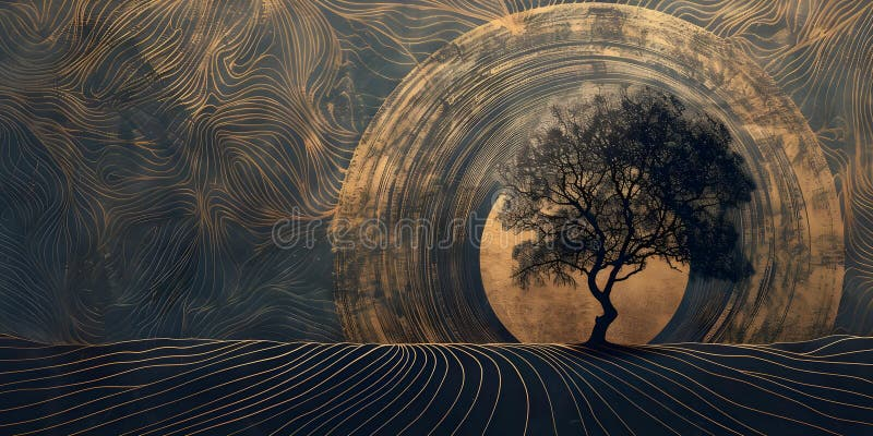 Abstract Line Art Of A Cyclical Tree Representing Enduring Natural ... with Peaceful Evening At Mountain Creek, Landscape Disc Metal Artwork, 11"