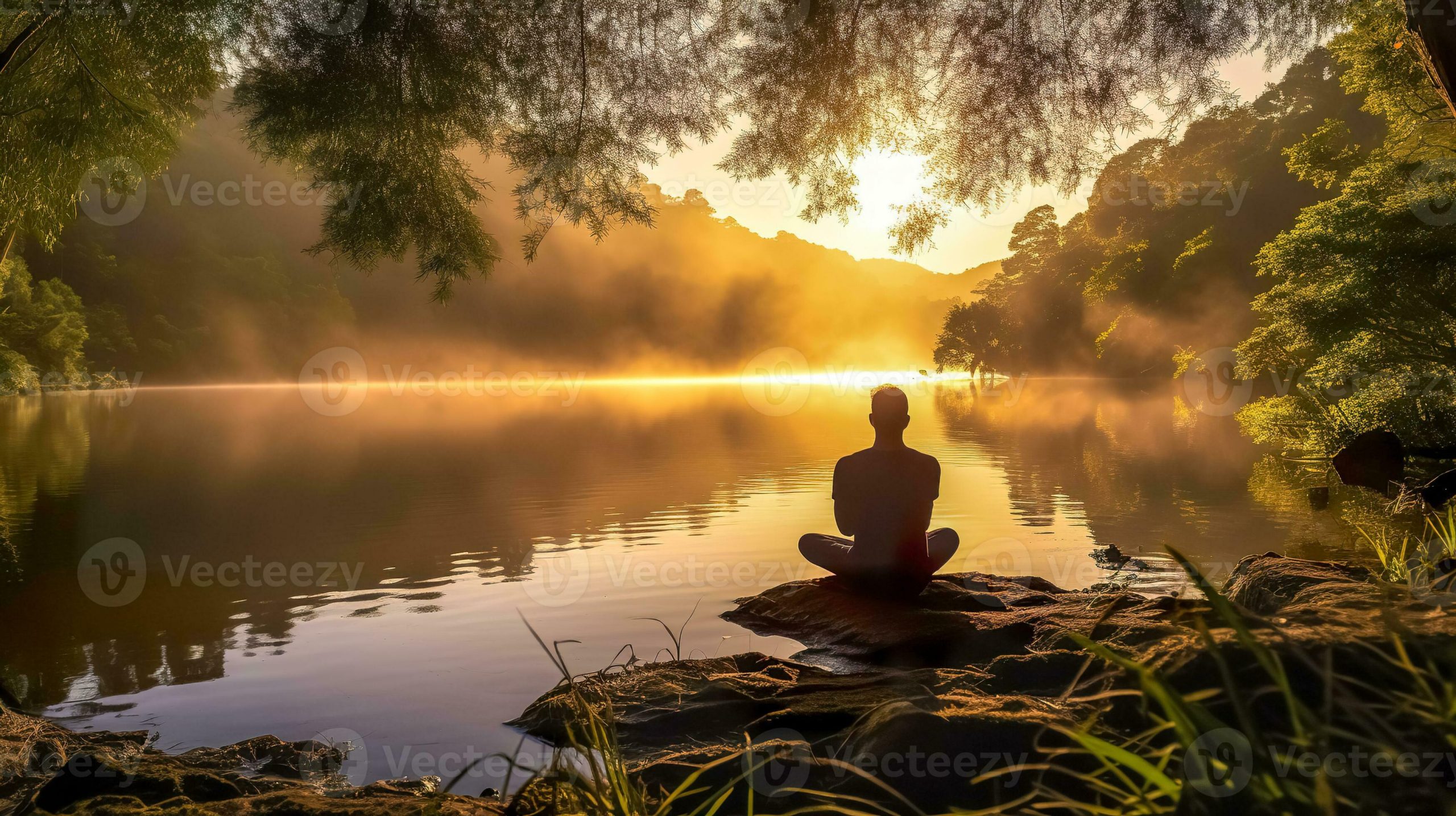 Ai Generated Serene Scene Where A Person Is Meditating By A Tranquil ... regarding Finding Inner Peace Through Tranquil Avian Nature Prints