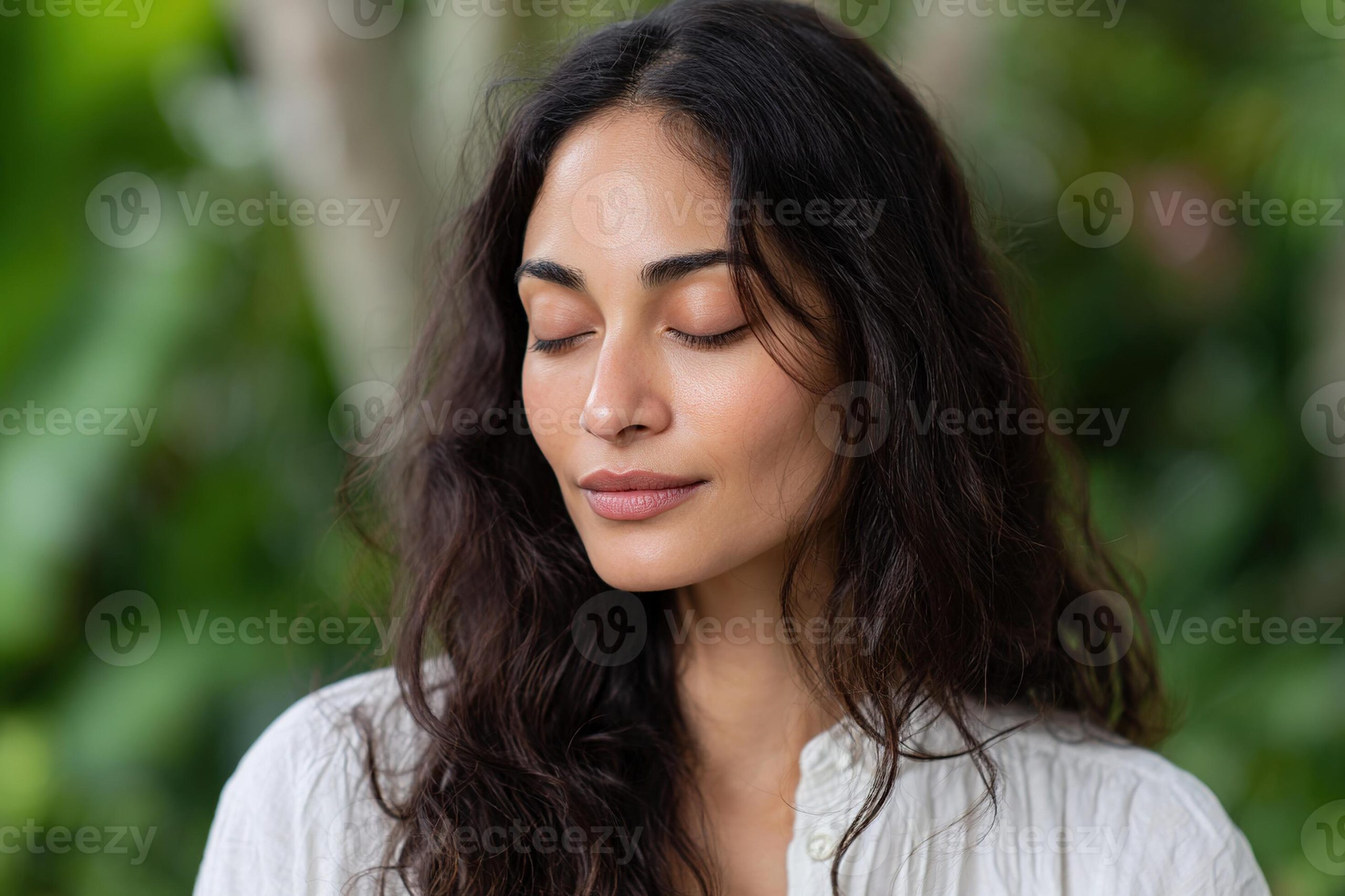 Beautiful Woman With Closed Eyes Enjoying Calm Moment In Nature ... inside Exploring the Meditative Calm Behind the Closed Eyes of the Floral Reverie Canvas Subject