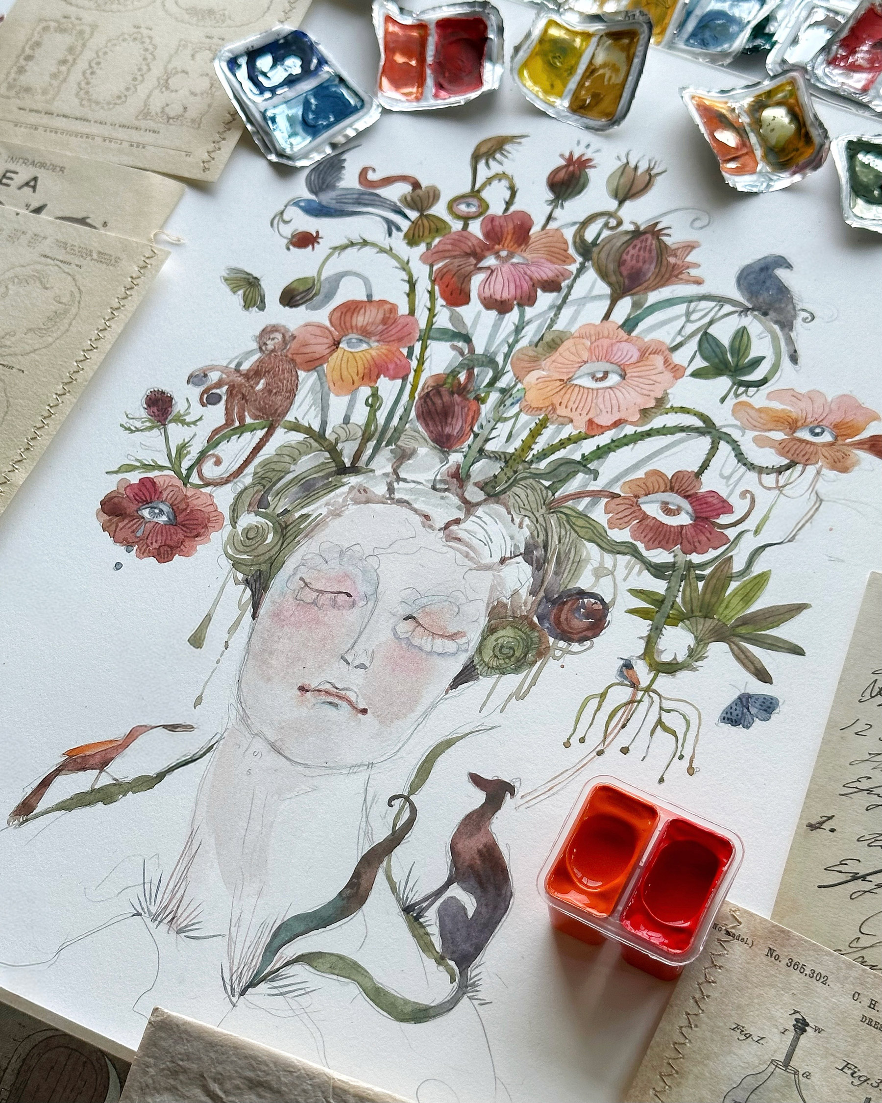 Behind Closed Eyes - Original Art By Sucharita Suri - Every Day Original inside Exploring the Meditative Calm Behind the Closed Eyes of the Floral Reverie Canvas Subject