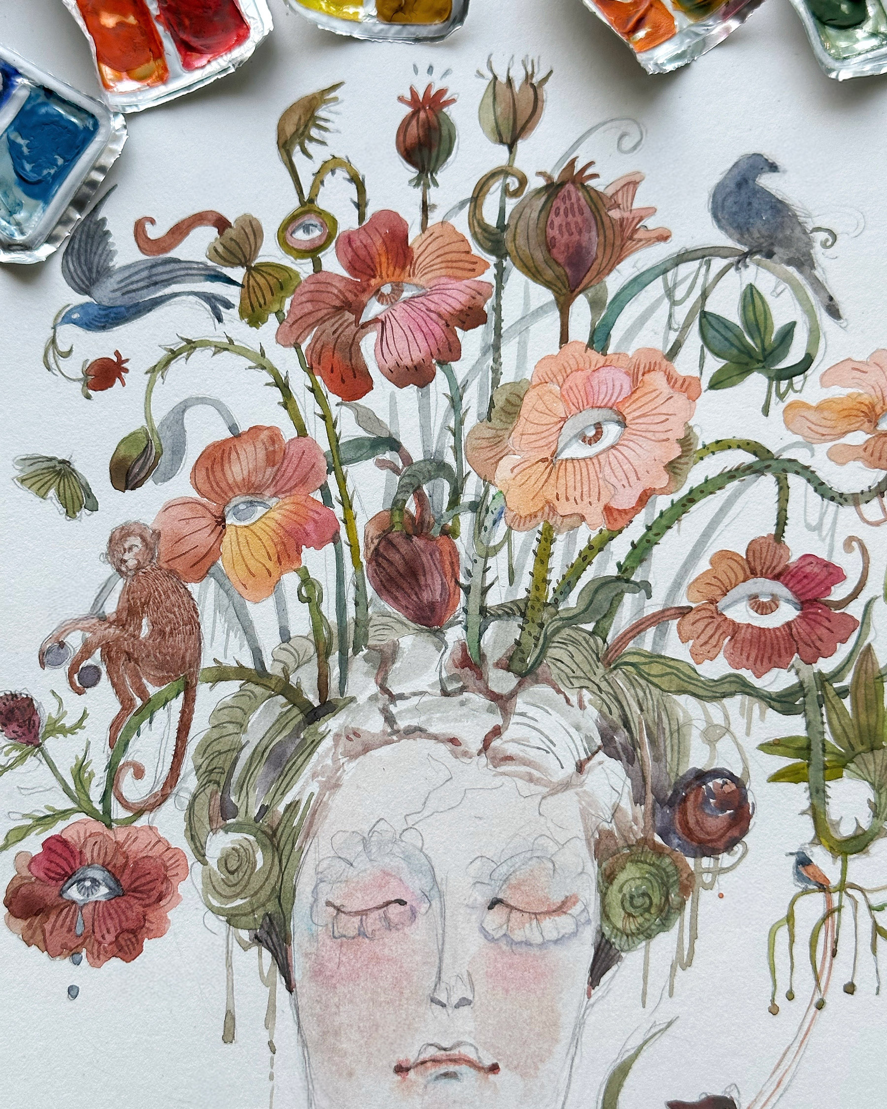 Exploring the Meditative Calm Behind the Closed Eyes of the Floral Reverie Canvas Subject