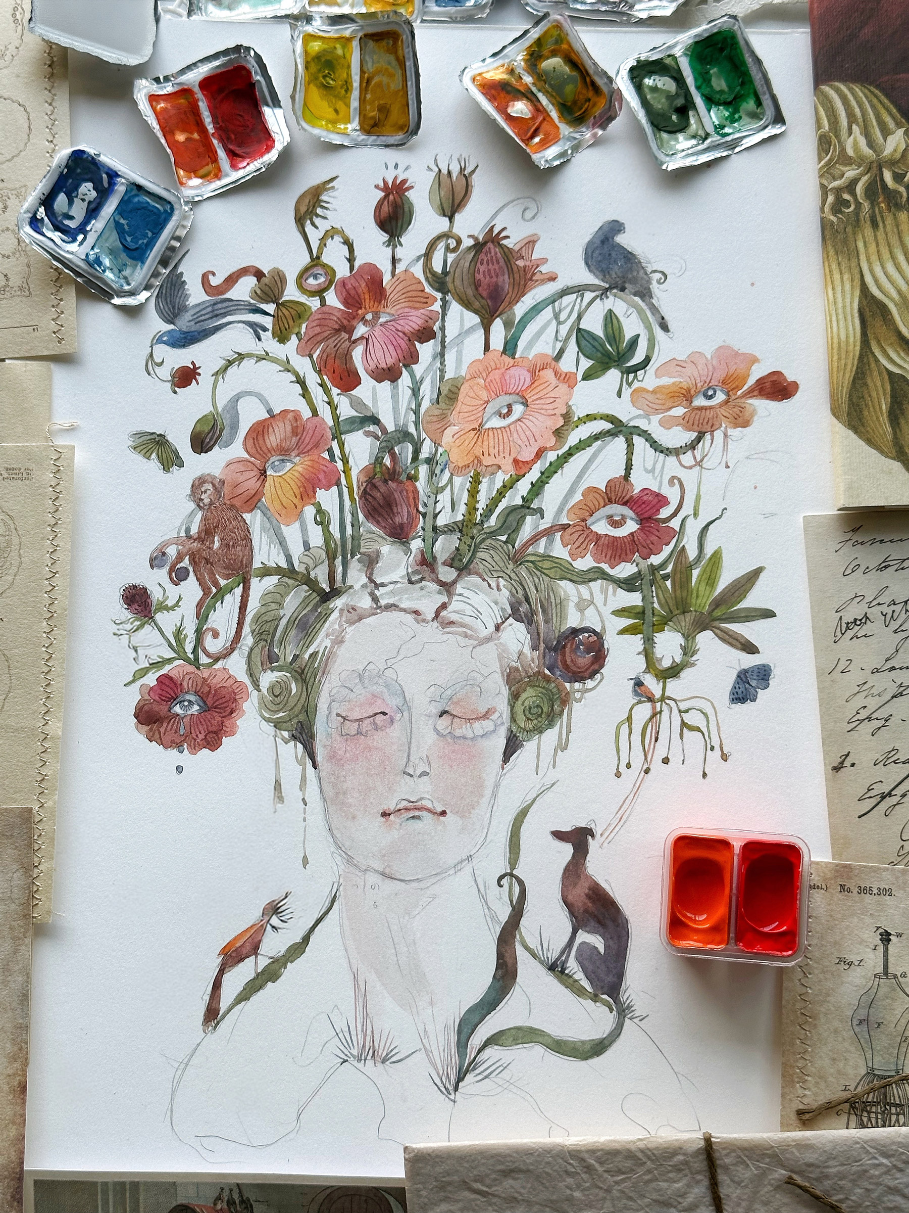 Behind Closed Eyes - Original Art By Sucharita Suri - Every Day Original with regard to Floral Reverie - Blossom Adorned Portrait On Wrapped Canvas