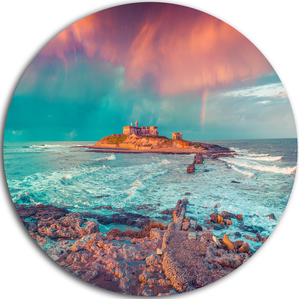 Blue Waters In Spring, Seascape Photo Large Disc Metal Wall Art, 23" with Riverside Sunset With Wood, Seascape Disc Metal Wall Art, 11"