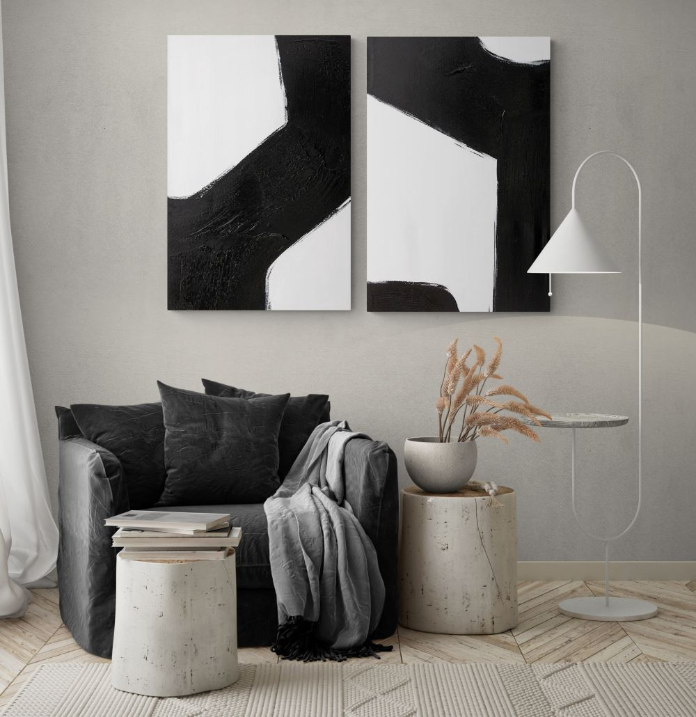 Bold Black And White Abstract Minimalist Paintings Diptych – Cathy ... within Why Minimalist Black and White Paintings Define Modern Interior Design