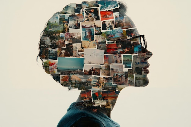 Collage Of Photographs Forming A Human Head Silhouette Representing ... pertaining to "Twinkle In His Eye" Wrapped Canvas Art Print, 30"X30"X1.5"