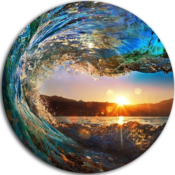 Exploring The Vivid Colors Of Blue Waves Dancing At Yellow Sunset Round Metal Wall Art