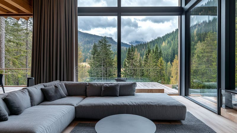 Cozy Mountain Cabin Living Room With Large Windows Showcasing Stunning ... intended for Trail Through Yellow Foggy Forest, Landscape Disc Metal Wall Art, 11"
