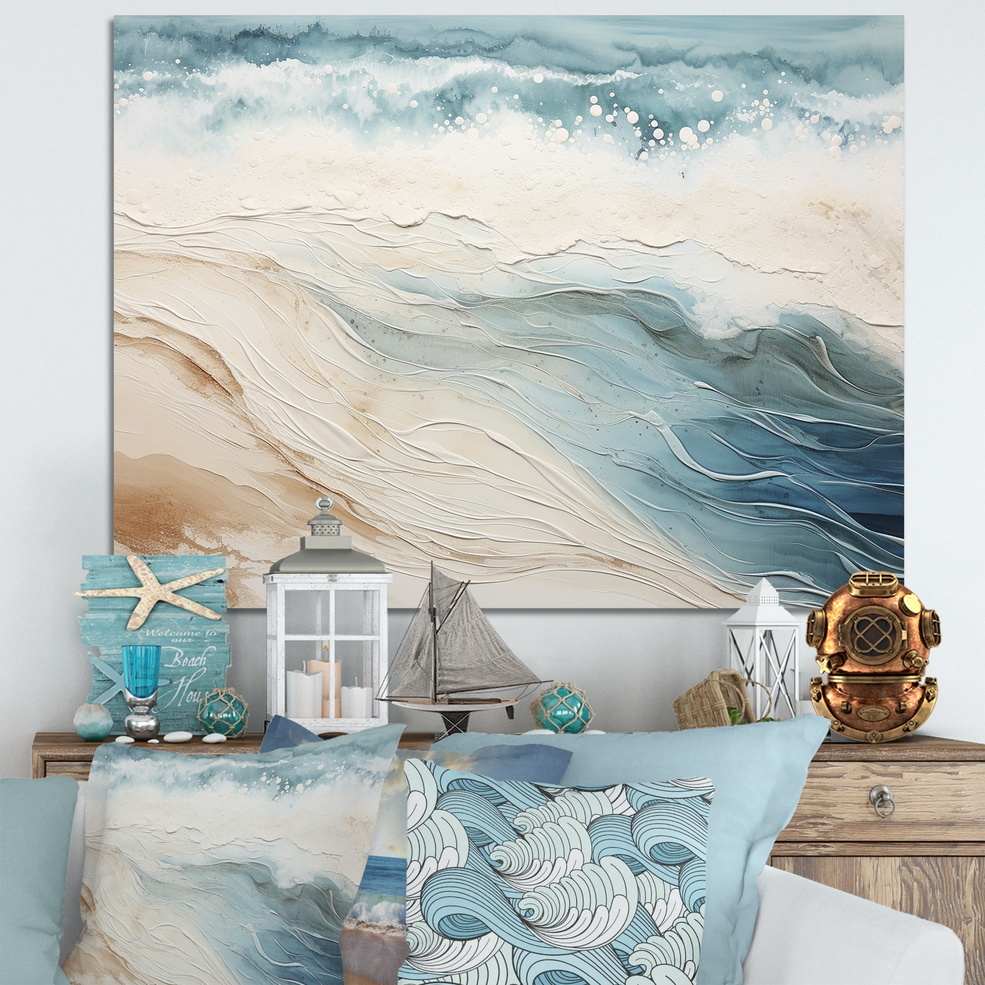 Designart "Modern Coastal Beige And Blue River I" Coastal Ocean Wall ... inside "The Sail And The Sea" Hand Painted Canvas Art, 40"X40"