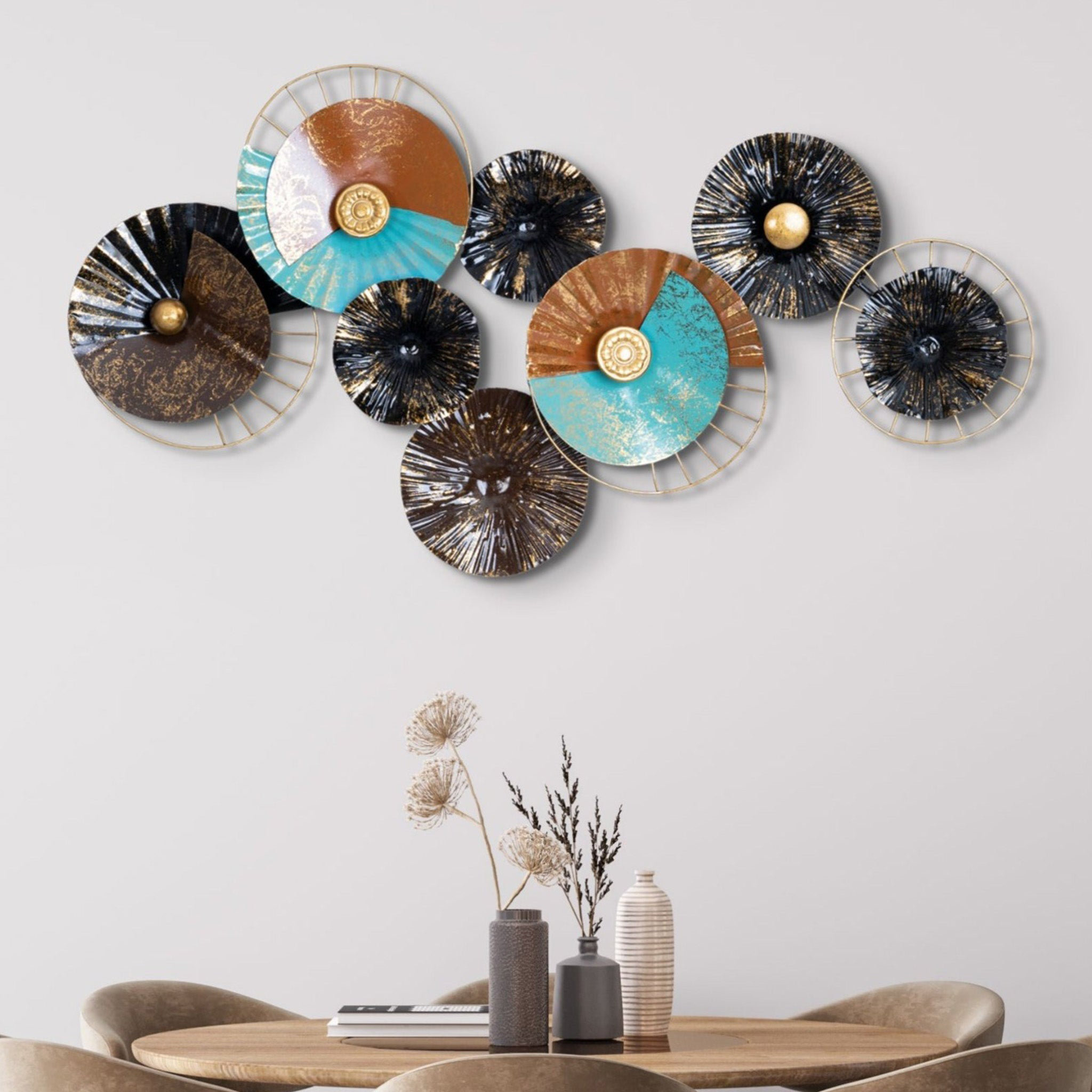 Everly Quinn Blue, Brown &amp; Black Circular Metal Art For Cozy Spaces ... pertaining to Why Small Circular Metal Artworks Are Transforming Modern Interior Spaces in 2026