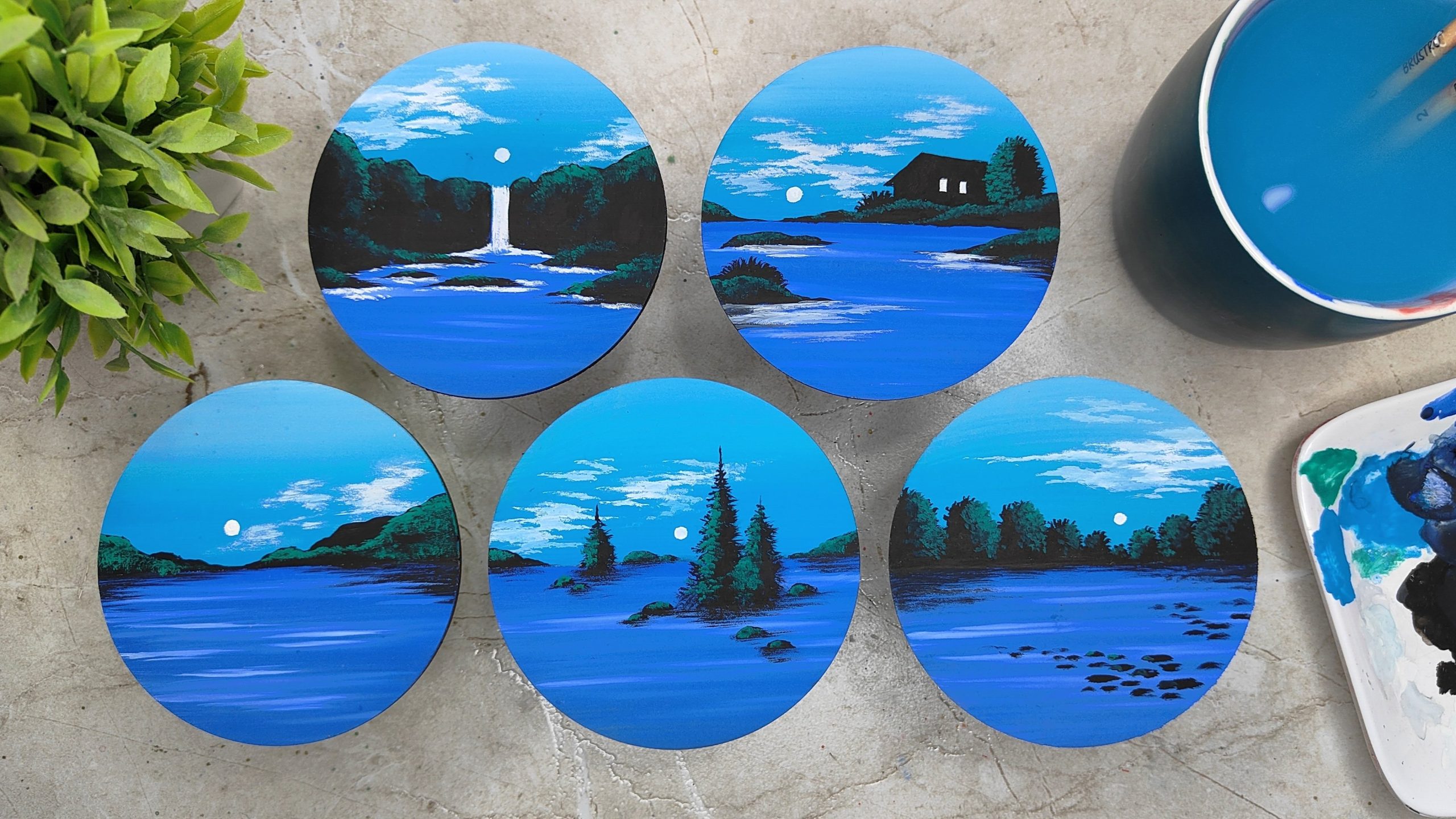Gouache Painting On Circular Coasters - A Collection Of Five Vibrant ... regarding Heavy White Cloud Above Sea, Contemporary Landscape Round Wall Art, 11"
