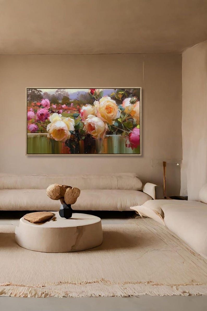Hand-Painted Floral Oil Painting On Canvas, Large Rose Mural - Etsy with "Garden Of Flowers" Hand Painted Oil Canvas Artwork; Modern Art; Fine Art