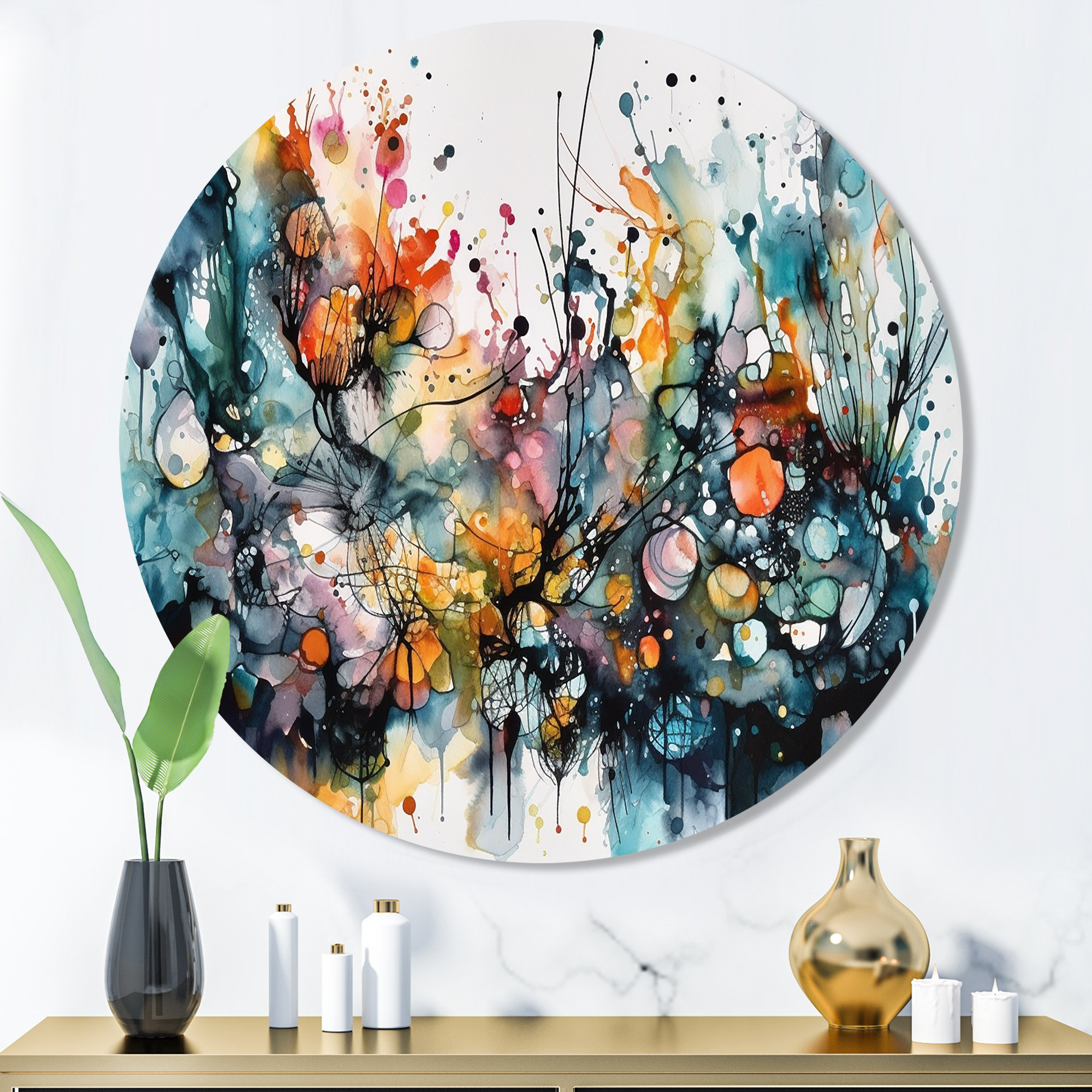 Ivy Bronx Captivating Boho Dance Ii - Abstract Round Metal Wall Art ... within Blue Waves Dancing At Yellow Sunset, Beach Round Wall Art, 11"