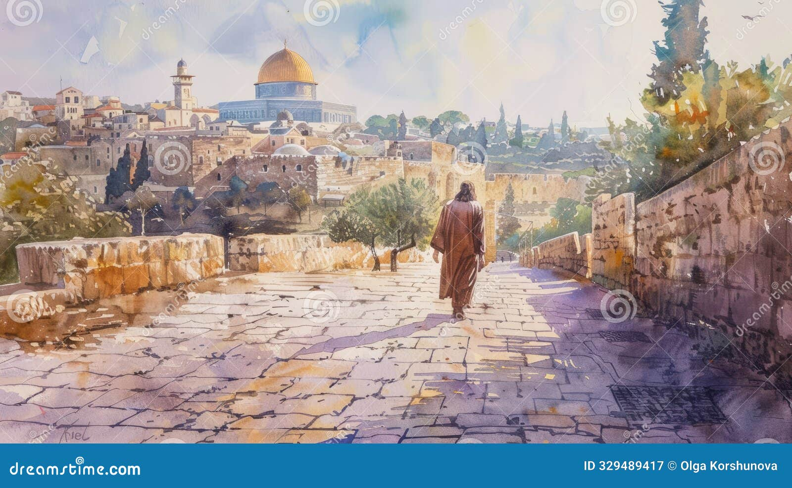 Jesus Christ Walking On Ancient Path In Jerusalem Watercolor Royalty ... for Walking the Ancient Path of Original Tribal Art and Sacred Pilgrimage