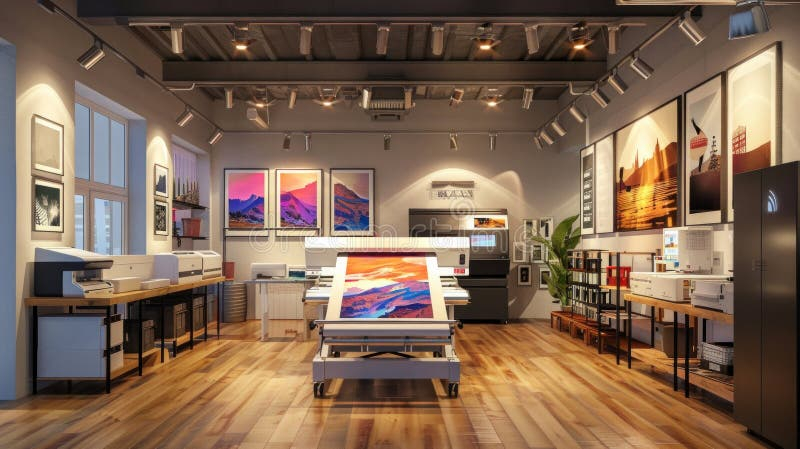 Large Format Inkjet Printer In Printshop Interior On Wood Floor ... within "California Love" Print By Chelsea Victoria, 37"X37"X1.5"