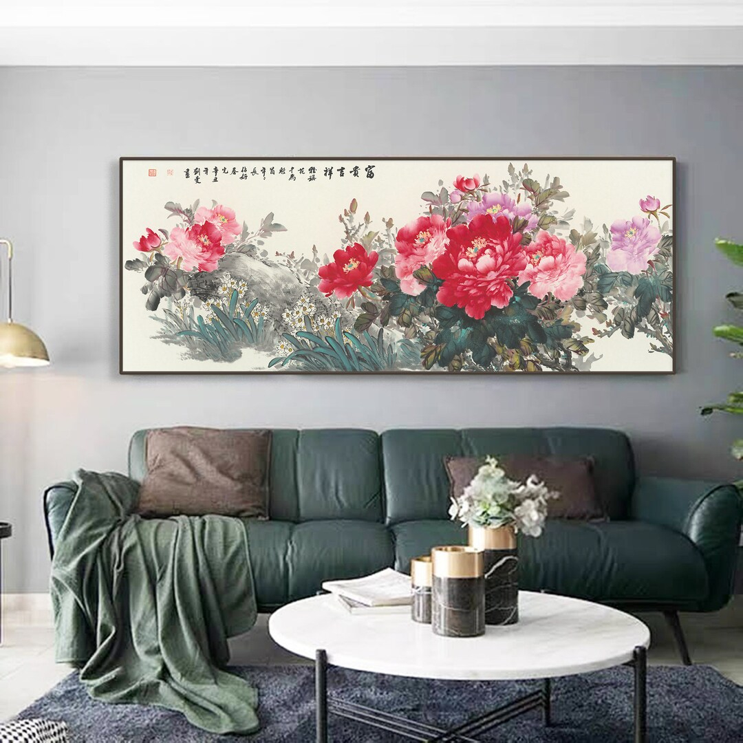 Large Scale Wide Horizontal Red Peonies Brush Painting Art Replica ... with regard to "Paradise" Hand Painted Canvas Art, 55"X27.5"