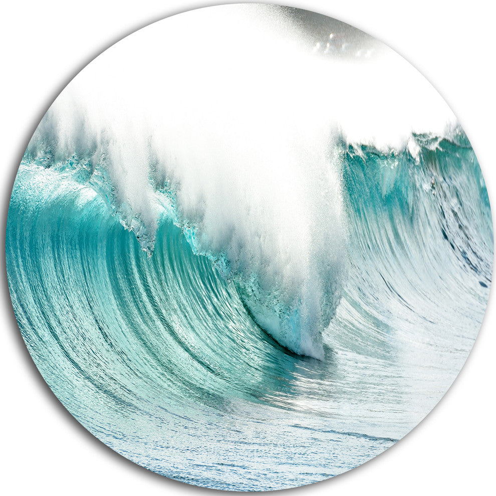 Massive Blue Waves Breaking Beach, Seascape Disc Metal Wall Art, 11" throughout Riverside Sunset With Wood, Seascape Disc Metal Wall Art, 11"