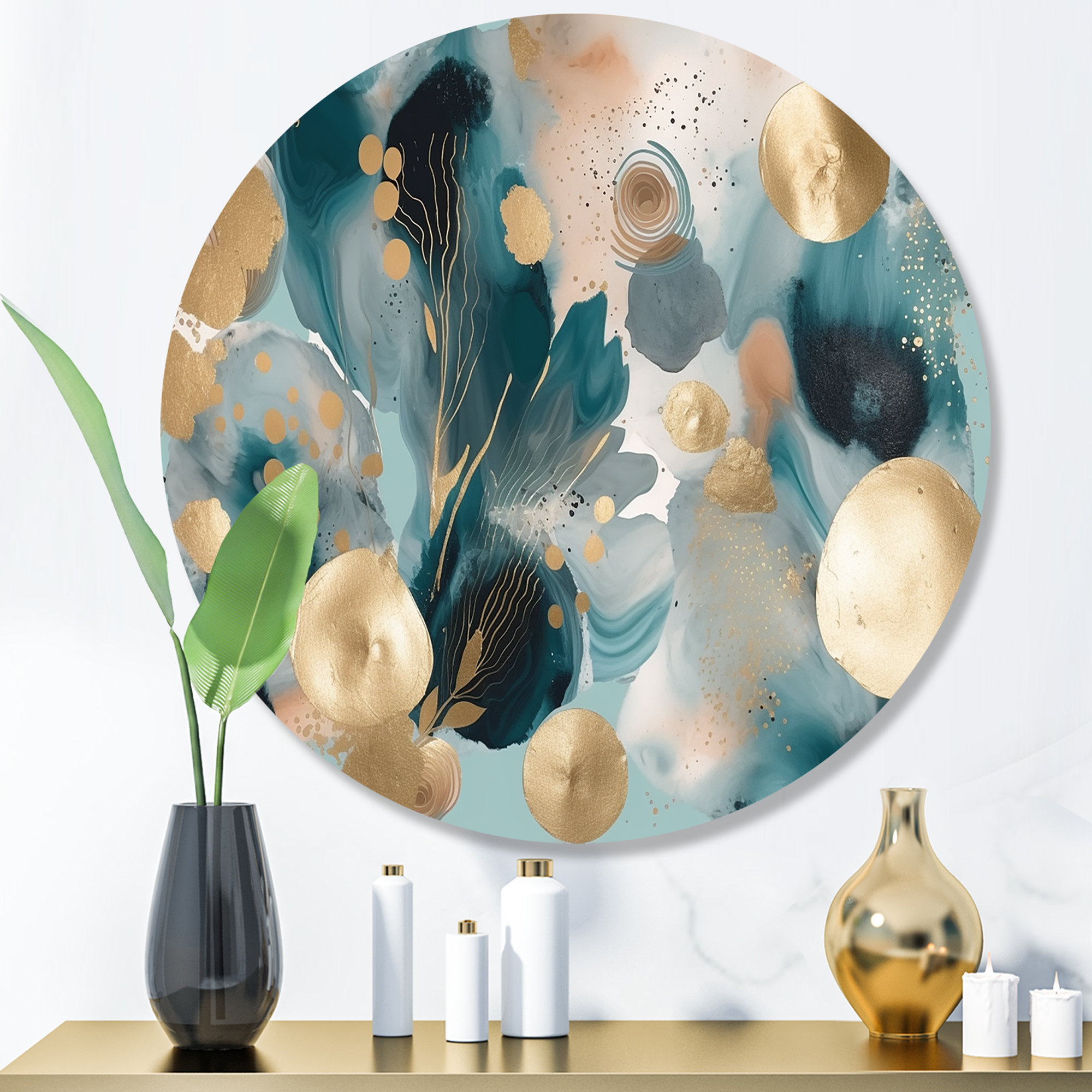 Mercer41 Ganta Blue And Gold Exploring Floral Forms Iii - Abstract ... inside Blue Waves Dancing At Yellow Sunset, Beach Round Wall Art, 11"