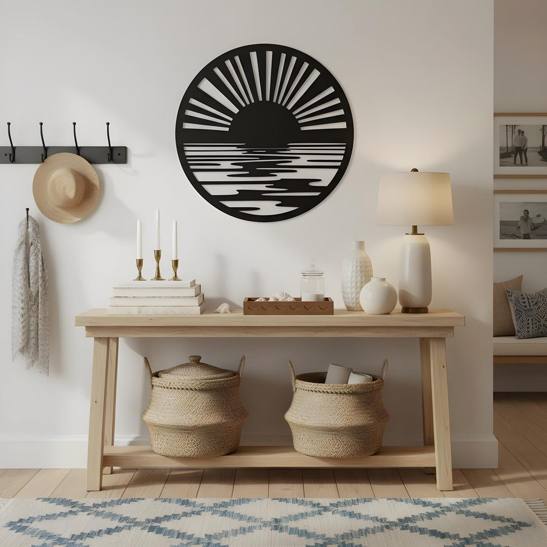 Minimalist Sunset Metal Wall Art: Round Indoor/Outdoor Decor - Etsy for Blue Waves Dancing At Yellow Sunset, Beach Round Wall Art, 11"