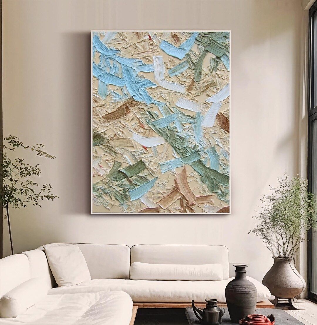 Original Abstract Artwork – Layered Brushwork In Beige Blue & Green ... for "Paradise" Hand Painted Canvas Art, 55"X27.5"