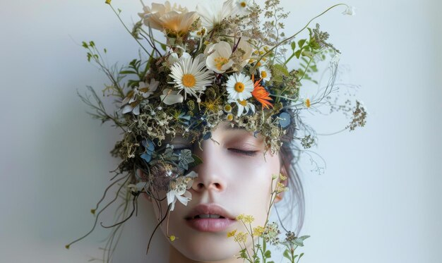 Premium Photo | Woman With Floral Headpiece Lying With Eyes Closed In ... for Floral Reverie - Blossom Adorned Portrait On Wrapped Canvas