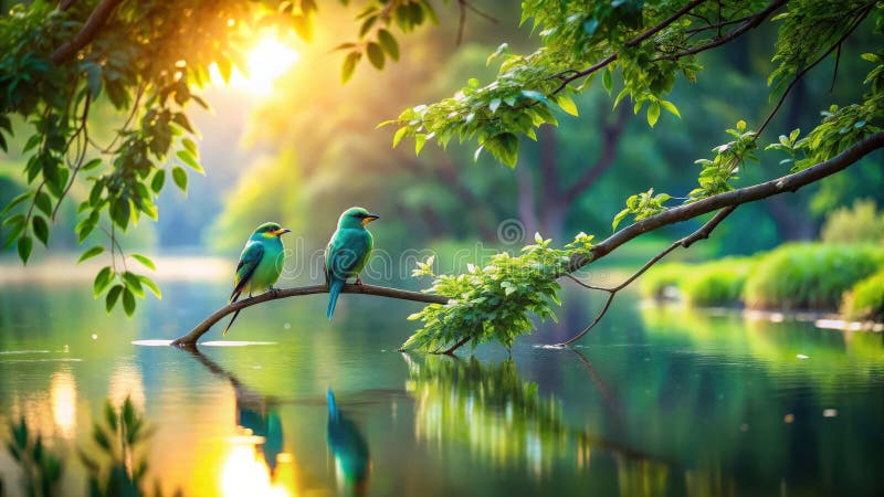 Serene Avian Pair Perched On Tranquil Branch Overhanging Calm Water ... regarding Beautiful Tranquil Calming White Birds Nature Painting, 2Pc, Each 24 X 30