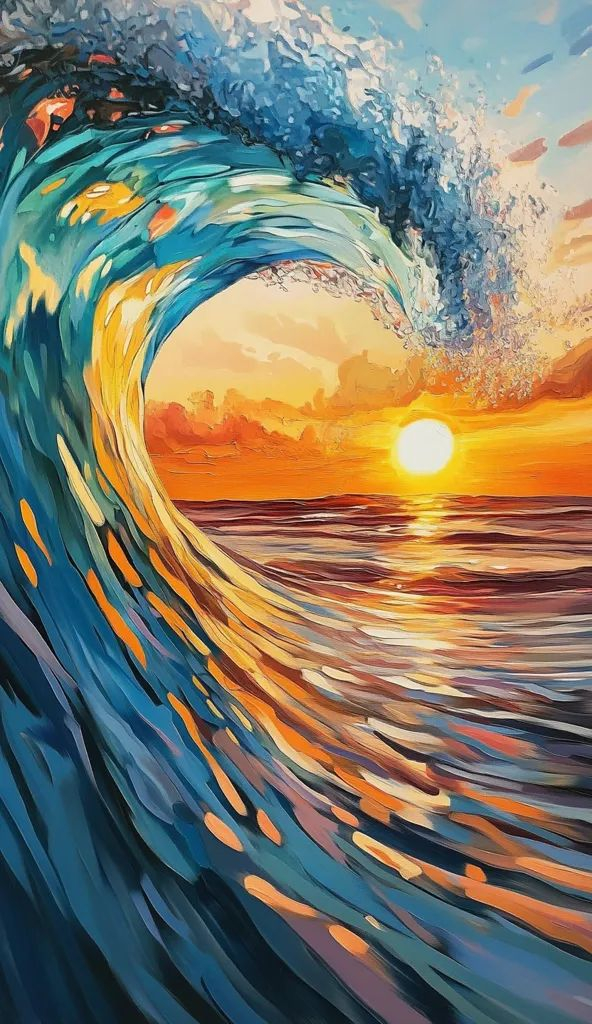 Serene Ocean Wave Painting With Vibrant Sunset Colors. | Wave Art ... with Exploring The Vivid Colors Of Blue Waves Dancing At Yellow Sunset Round Metal Wall Art