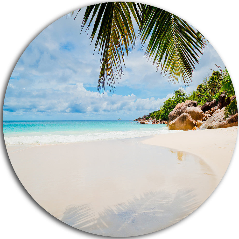 Summer Beach With Palm Leaves, Modern Seascape Disc Metal Wall Art, 11 within Riverside Sunset With Wood, Seascape Disc Metal Wall Art, 11"