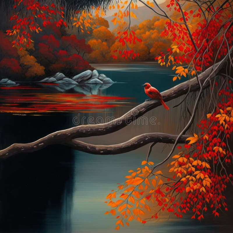 Tranquil Water Flowing In Lake With Autumn Leaves And Red Bird In Tree ... intended for Finding Inner Peace Through Tranquil Avian Nature Prints
