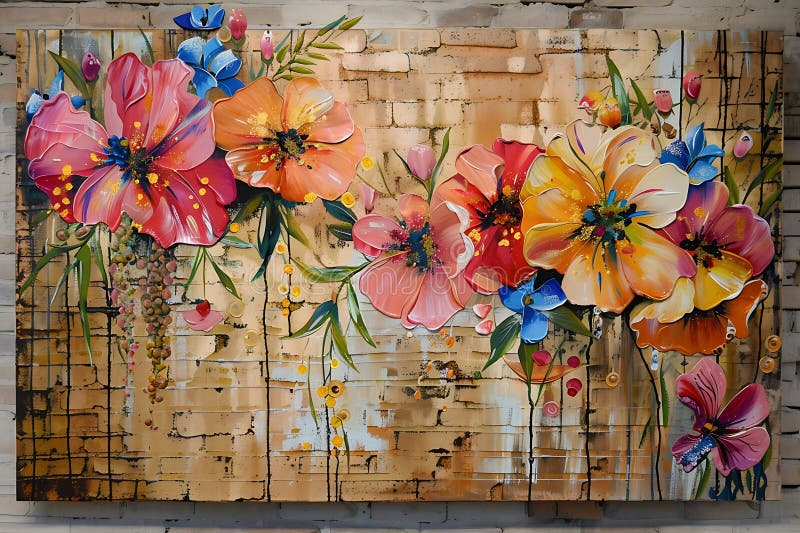 Vibrant Floral Masterpiece On Textured Brick Background Stock ... intended for The Enduring Appeal of Floral Sketch Art Rendered in Durable Metal Mediums