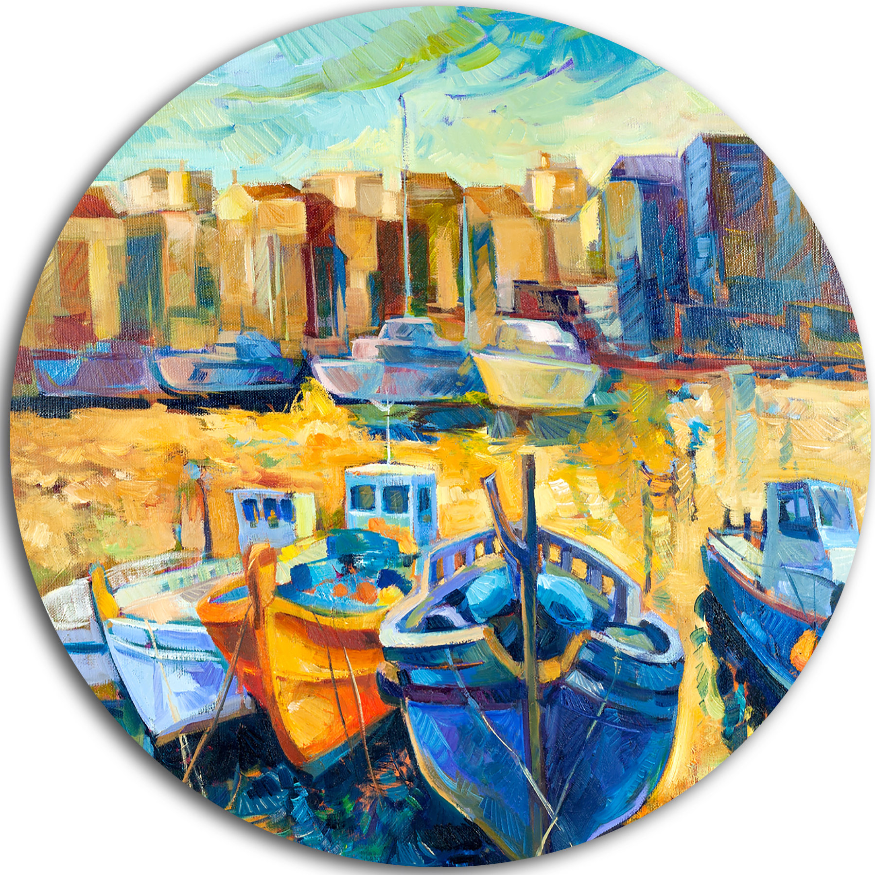 Wharf And Boats, Seascape Painting Disc Metal Artwork, Disc Of 23 Inch ... within The Craftsmanship Behind Seascape Disc Metal Wall Art Pieces