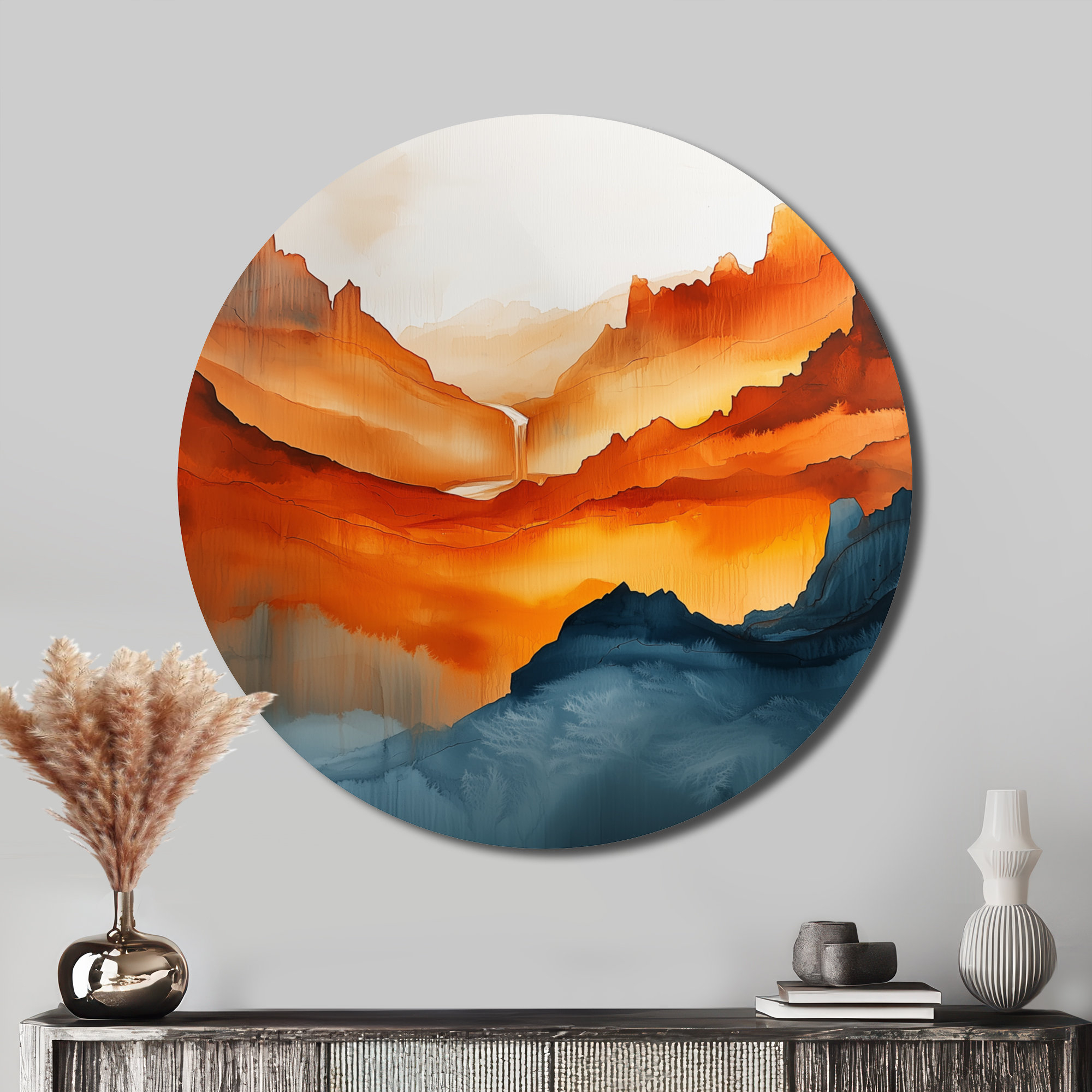 Wrought Studio Harpster - Mountains Round Metal Wall Art For Living ... with Blue Waves Dancing At Yellow Sunset, Beach Round Wall Art, 11"