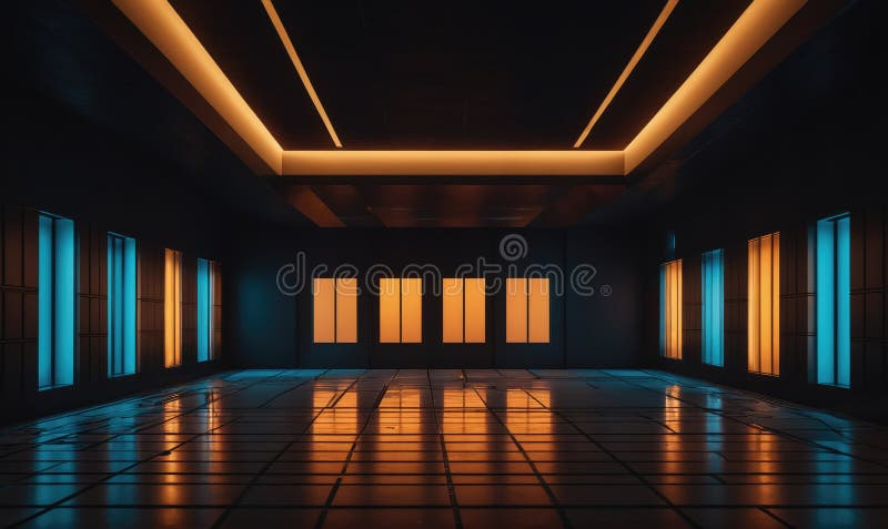 A Dimly Lit Room With Orange And Blue Lights Reflecting On The Floor ... for Blanche Wall Accent, Multicolor Texture