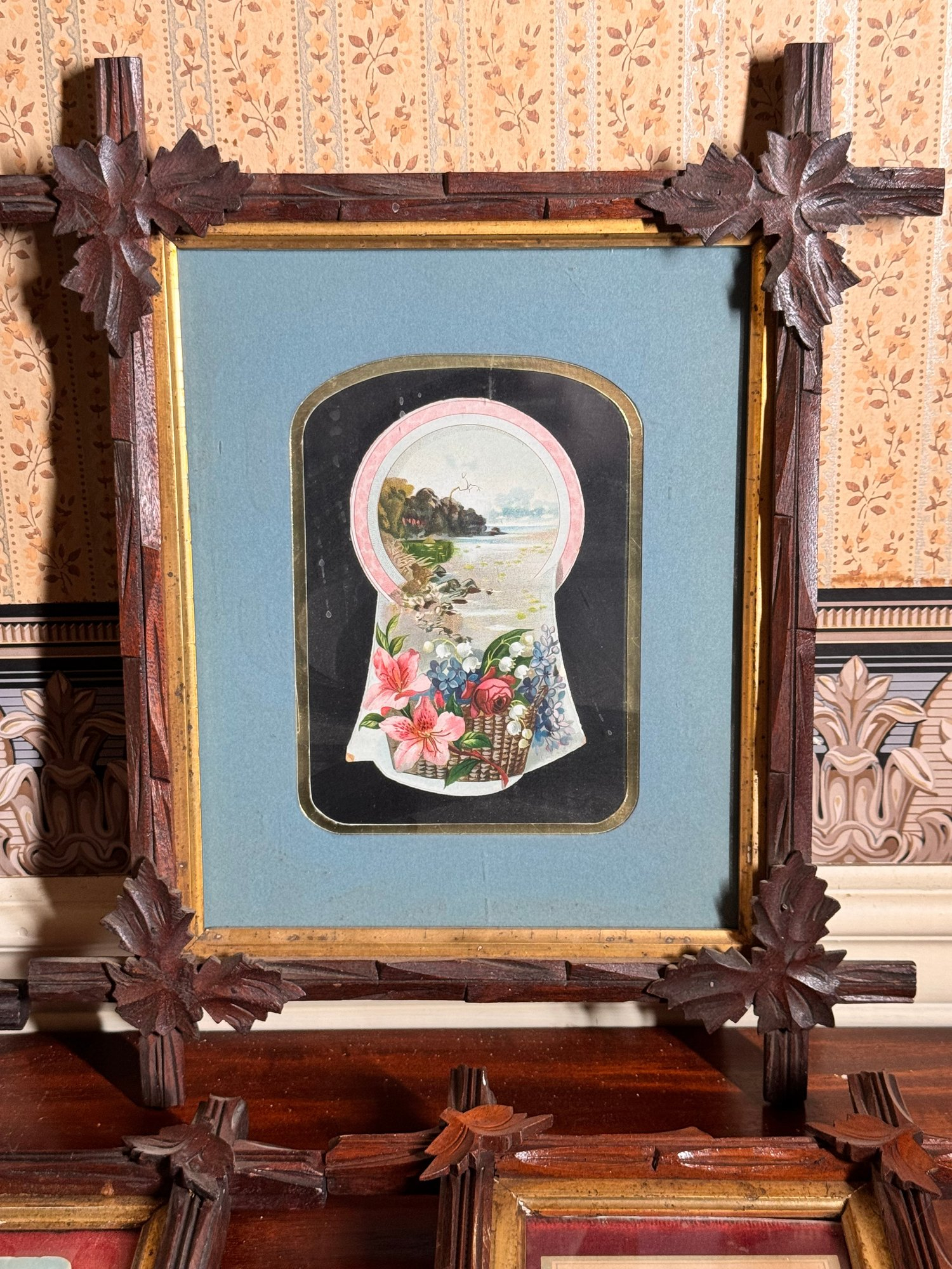Antique Folk Art Carved Wood Frames With Vintage Prints Group Lot (5 ... pertaining to Arranging Small Prints Inside Elaborate Hand Carved Picture Frames
